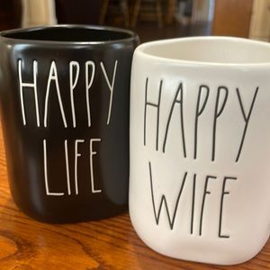 RAE DUNN. Happy Wife Happy Life mugs.